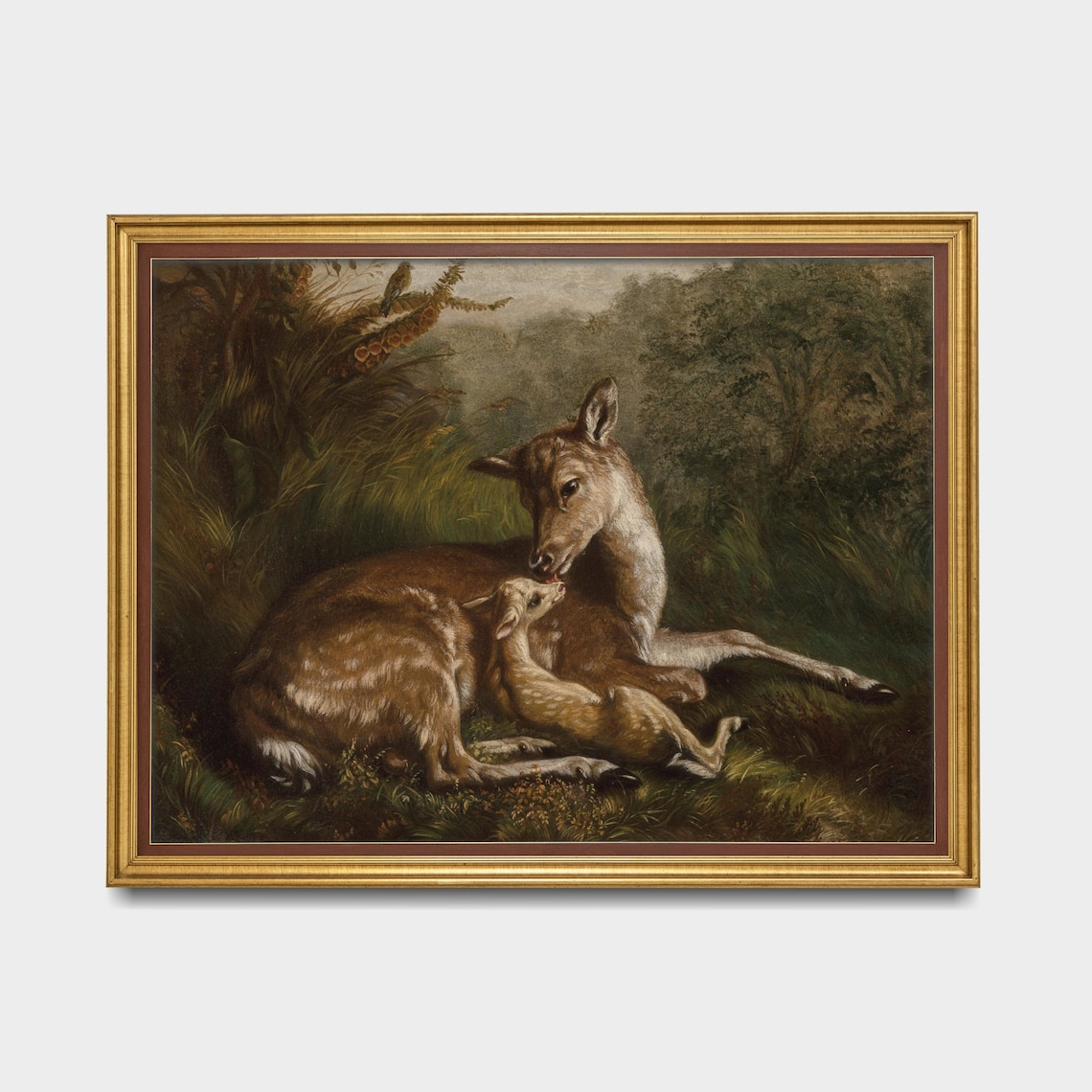 Doe Nuzzling Fawn In Woodland Clearing Vintage Wildlife Painting Poster - Image 2