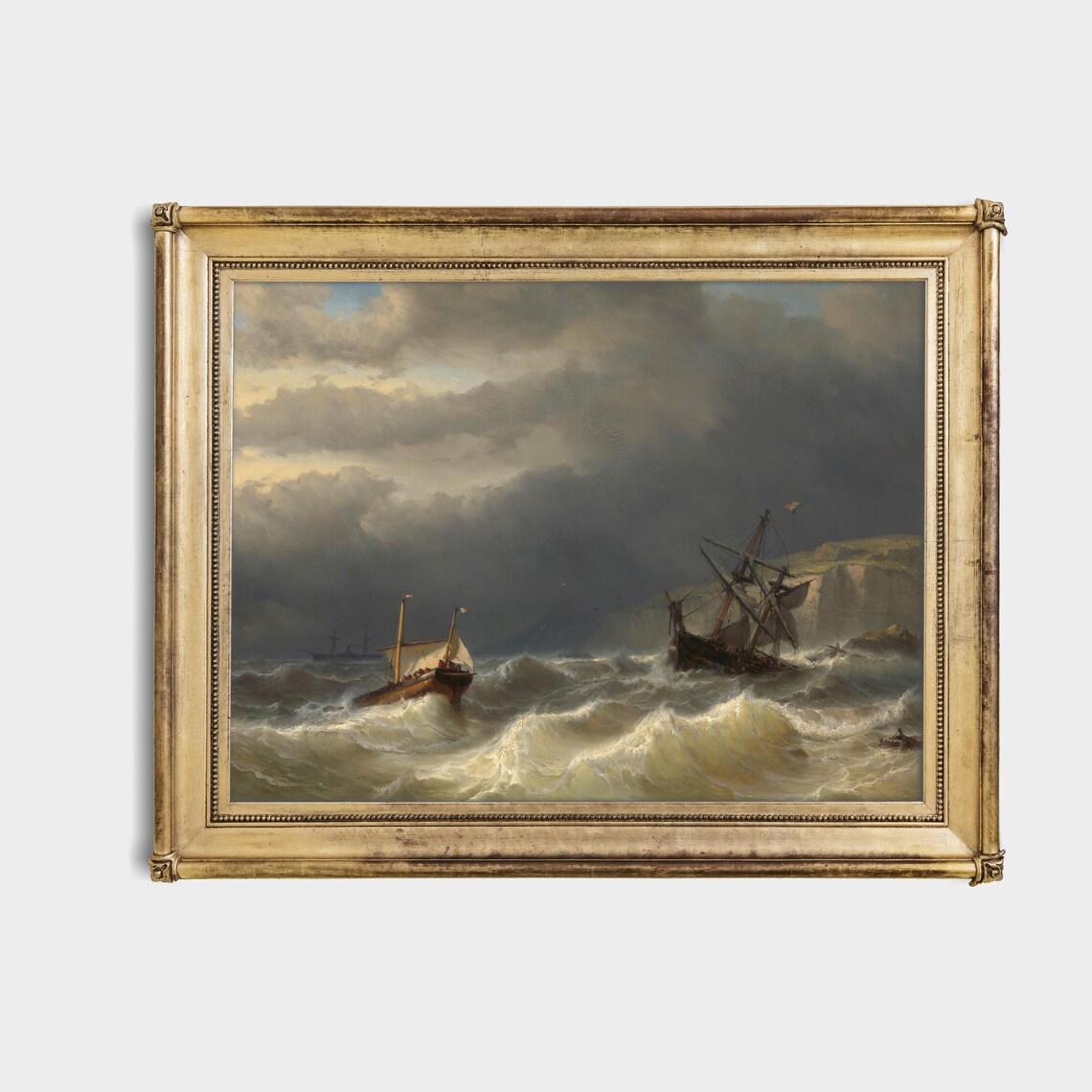 Sailing Ships Battling Storm Waves Near Rocky Cliffs Marine Poster - Image 4