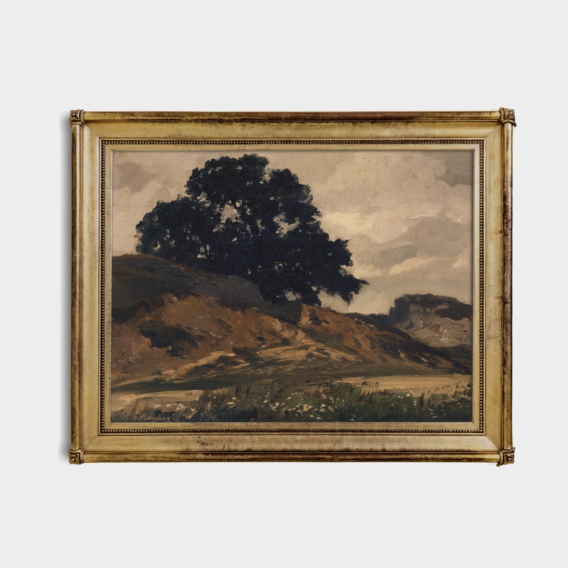 Dark Tree Silhouette on Rocky Hill Moody Vintage Landscape Poster - Image 4