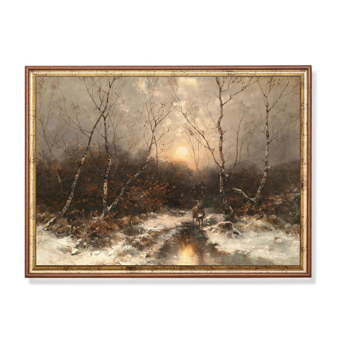 Stag In A Snowy Birch Forest At Moonlight Vintage Art Poster