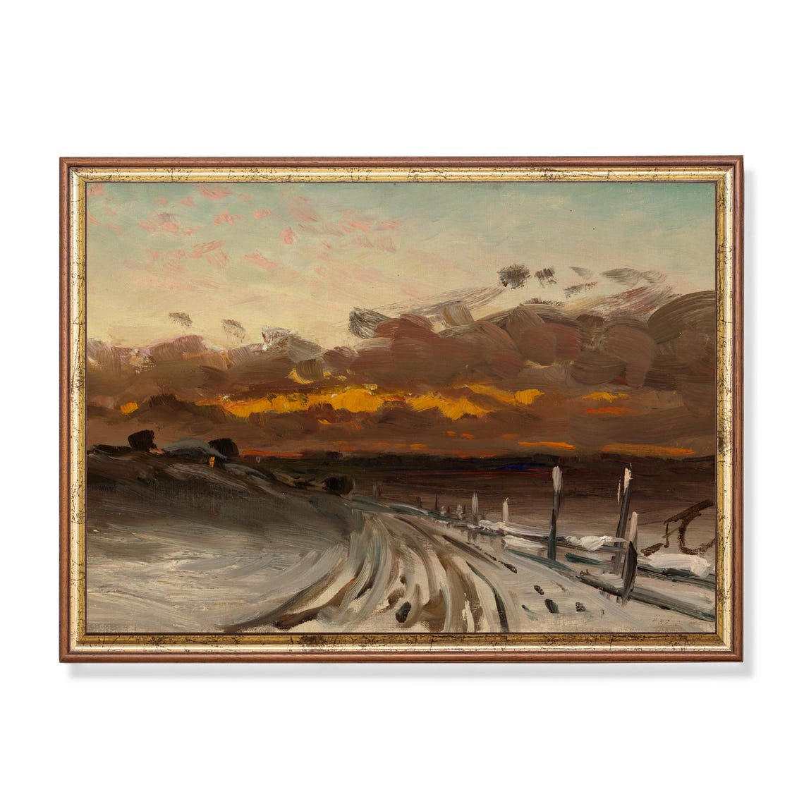 Fiery Winter Sunset Over Snowy Road Dramatic Landscape Poster