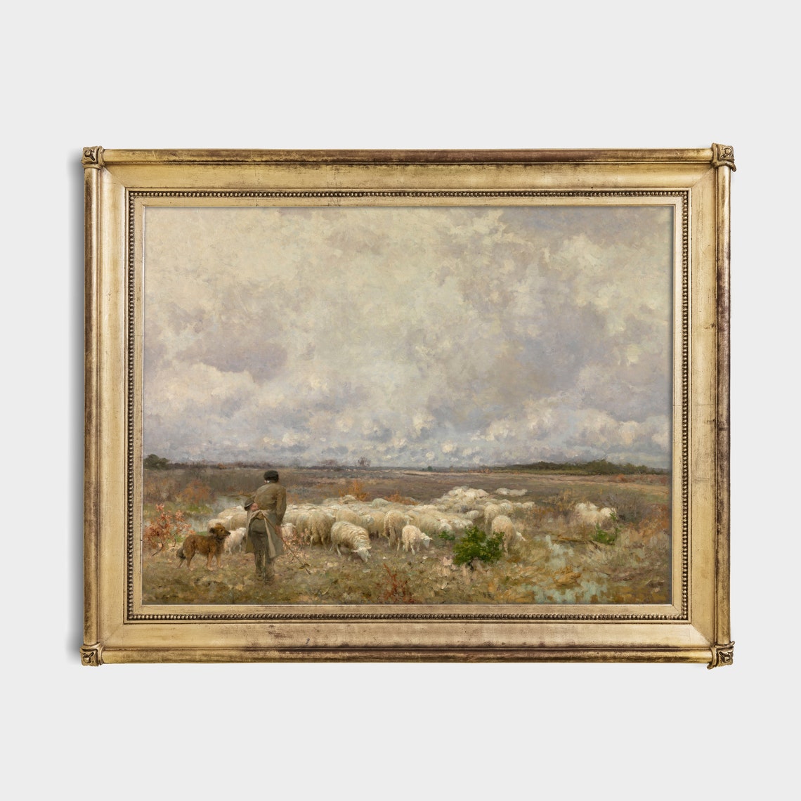 Shepherd and Sheep Dog Watching a Flock at Dusk Painting Poster - Image 2