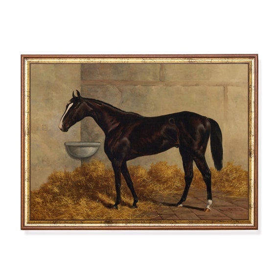 Printed And Shipped Dark Bay Racehorse In Stable Vintage Horse Painting Antique Equestrian Print Moody Rustic Art Farmhouse Decor