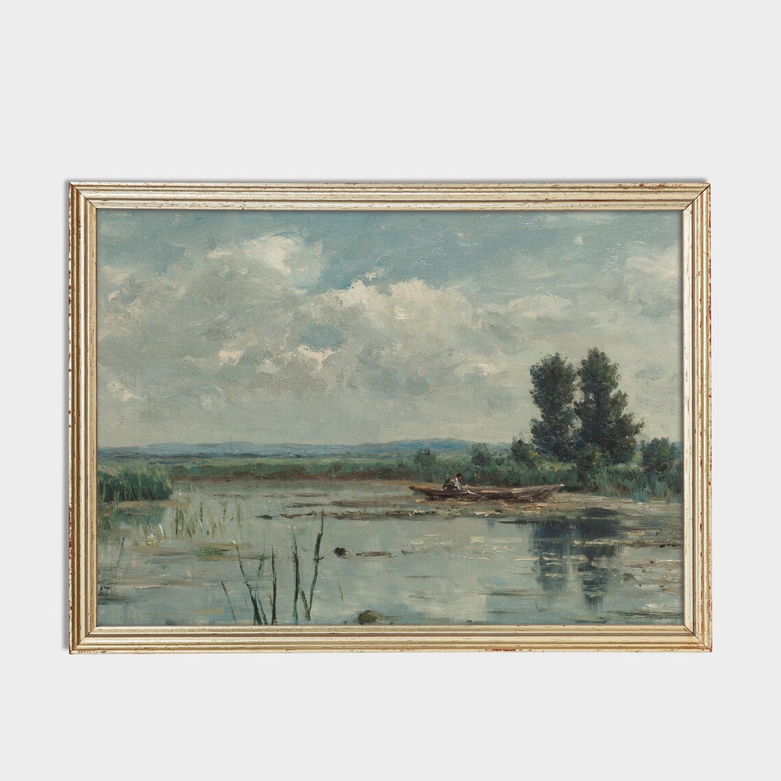 Fisherman in Canoe Wide Marsh Tall Poplars Vintage Landscape Poster - Image 2
