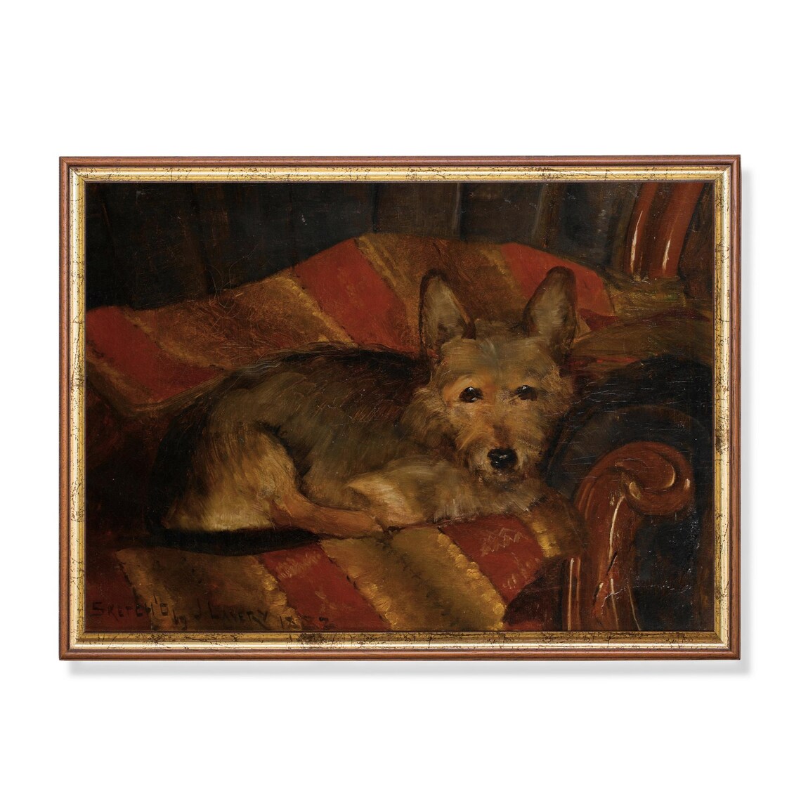 Scruffy Terrier Resting on Armchair Vintage Oil Painting Poster