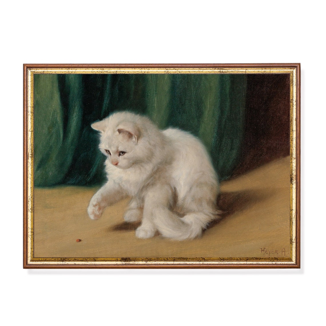 White Fluffy Kitten Playing With a Ladybug Vintage Cat Poster