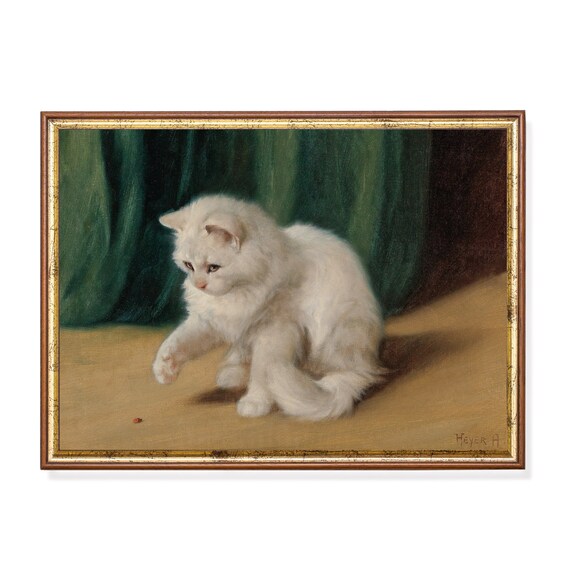 White Kitten Playing with a Ladybug Antique Cat Painting Poster