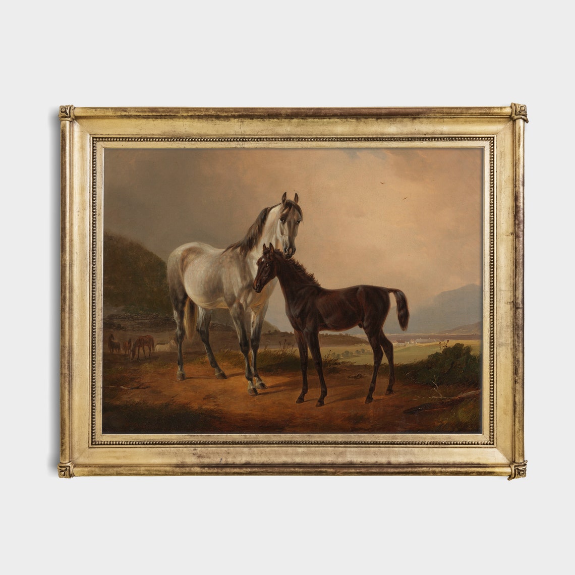 Antique White Mare and Dark Foal on a Hillside Vintage Poster - Image 2