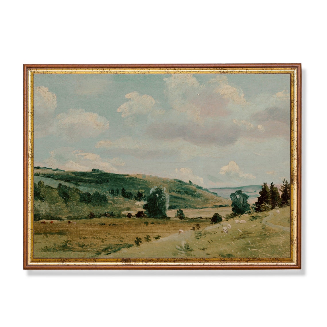 Green Rolling Hills with Sheep Pastoral Vintage Landscape Poster