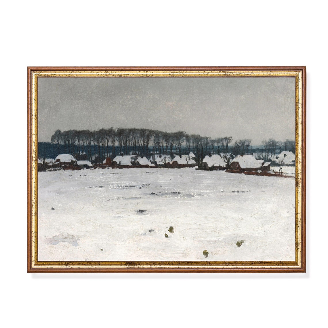 Snow-Covered Village Field Under a Gray Sky Vintage Art Poster