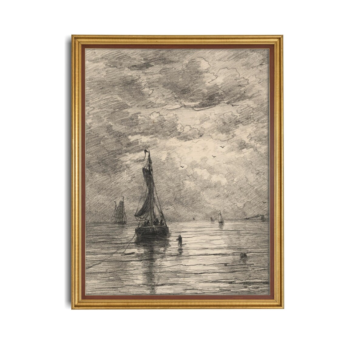 Sailboats on Water Charcoal Sketch Vintage Nautical Drawing Poster - Image 4
