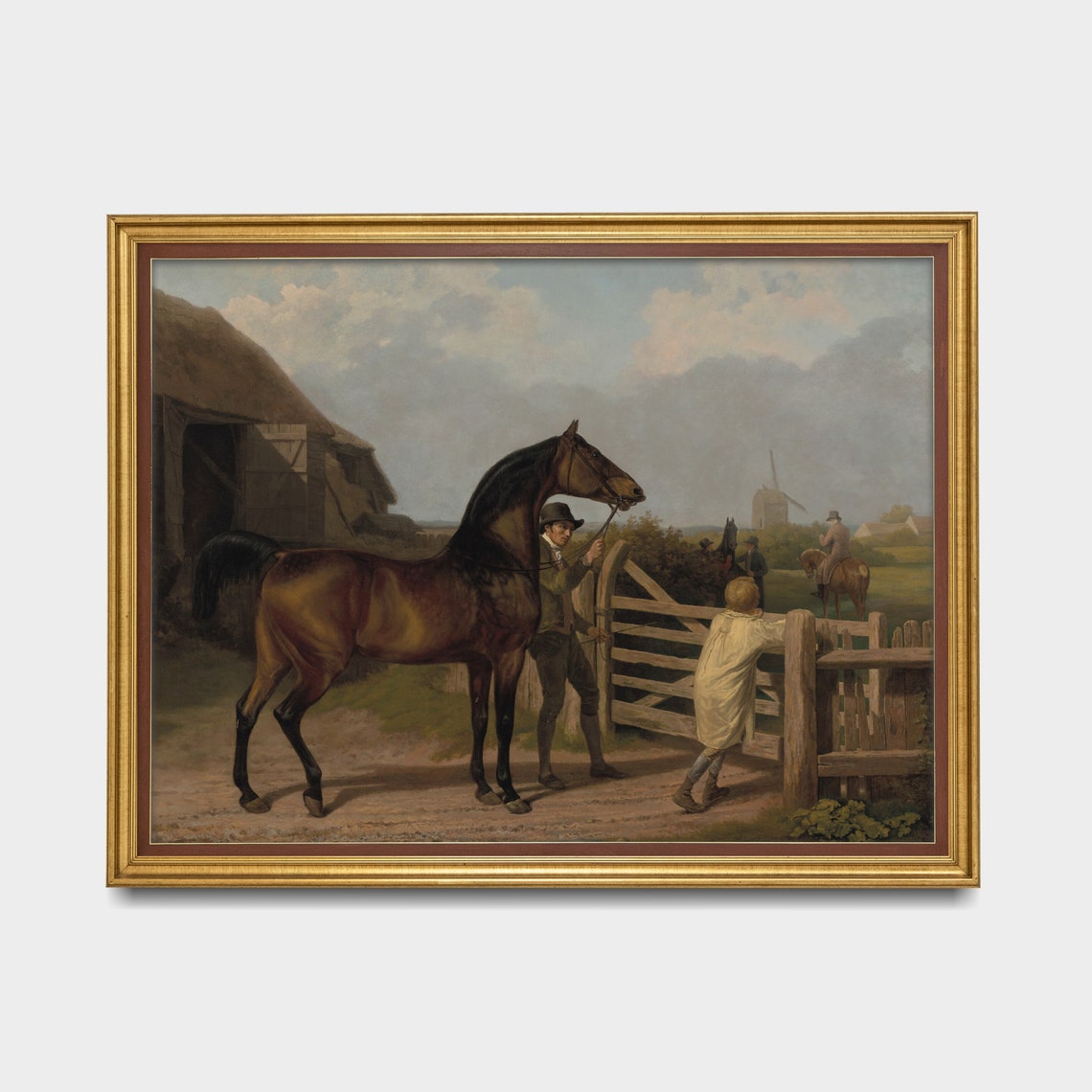 Bay Horse Held at a Farm Gate with a Windmill in the Distance Poster - Image 5