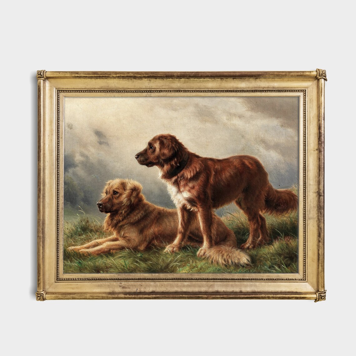 Two Retriever Dogs In Field Vintage Canine Oil Painting Rustic Poster - Image 2