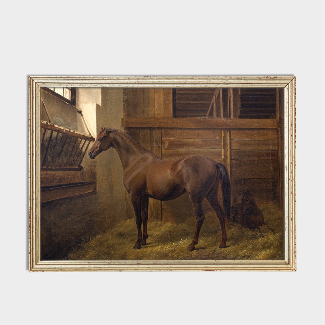 Bay Horse Standing in a Stable with Straw and a Hay Rack Poster - Image 2