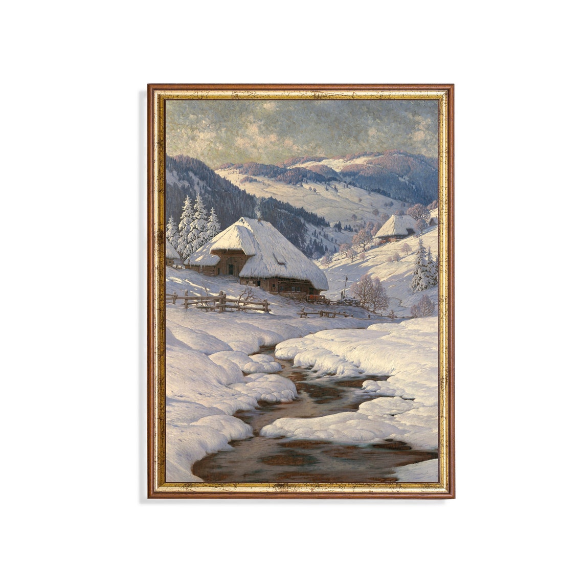 Snowy Mountain Village with Thatched Cottages and Stream Poster