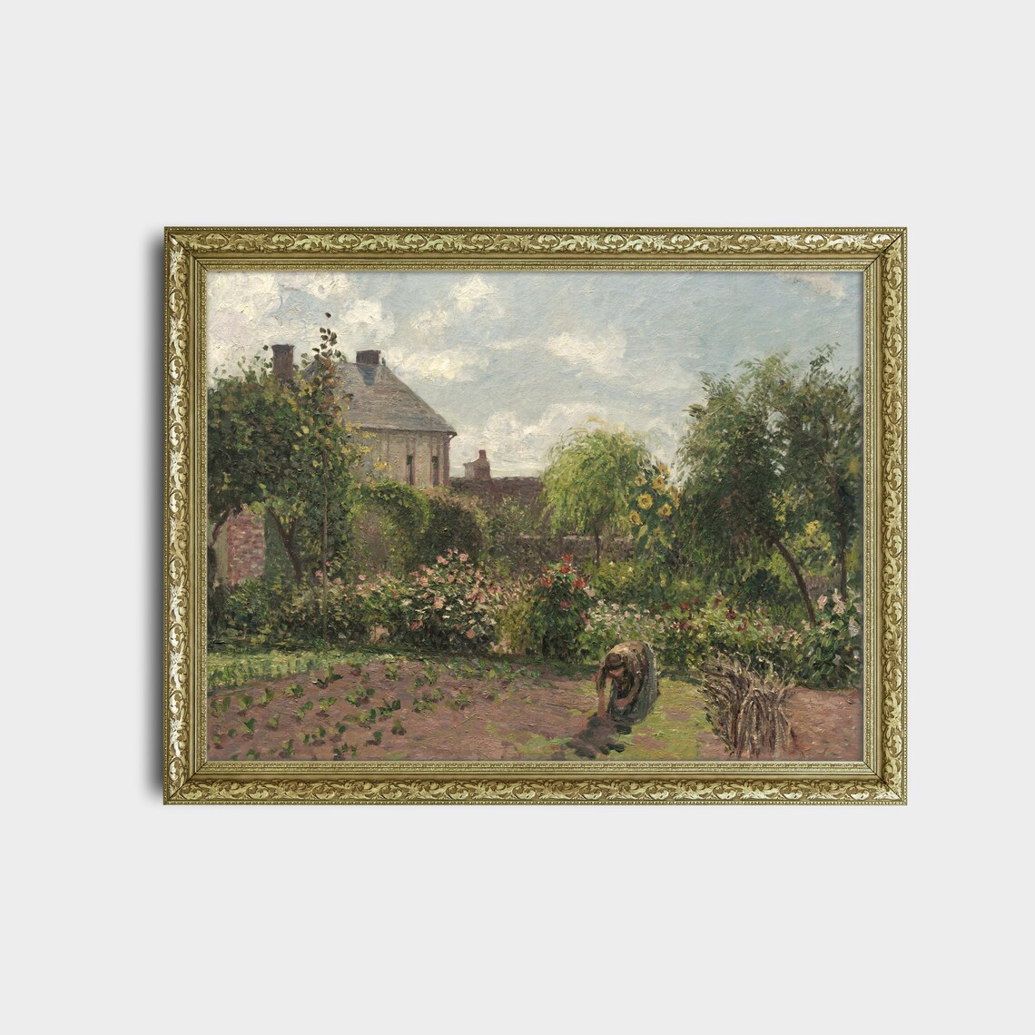 Cottage Garden with Gardener Antique Summer Oil Painting Poster - Image 2
