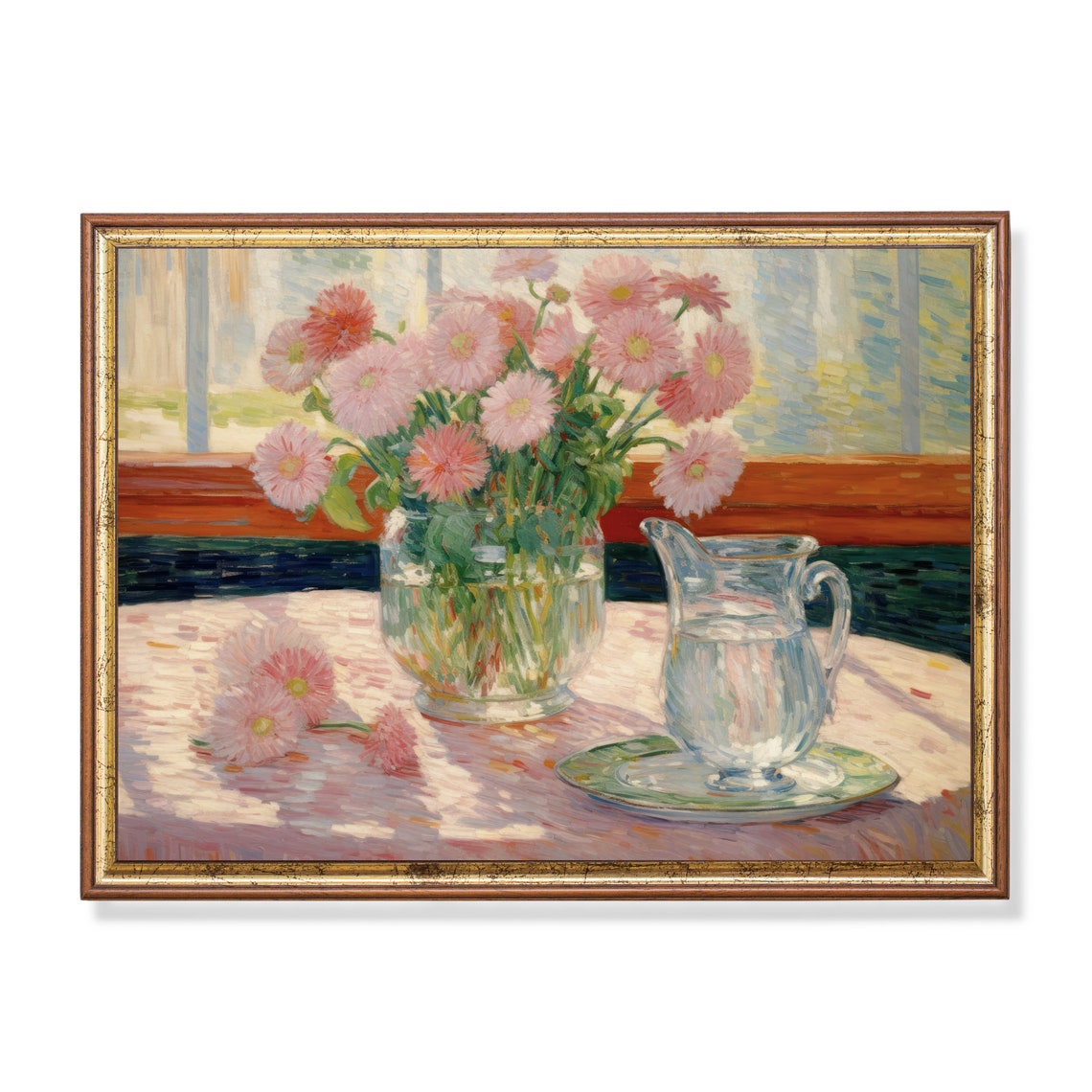 Pink Daisies In A Glass Vase Sunlit Kitchen Table Still Life Poster