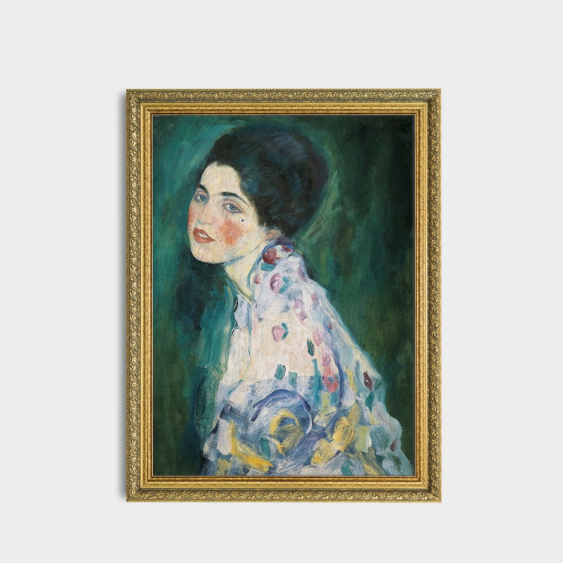 Woman in a Patterned Dress Against a Green Background Portrait Poster - Image 2
