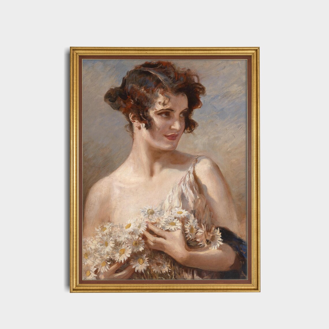 Vintage Woman Portrait with Daisies, Rustic Art Print - Image 3