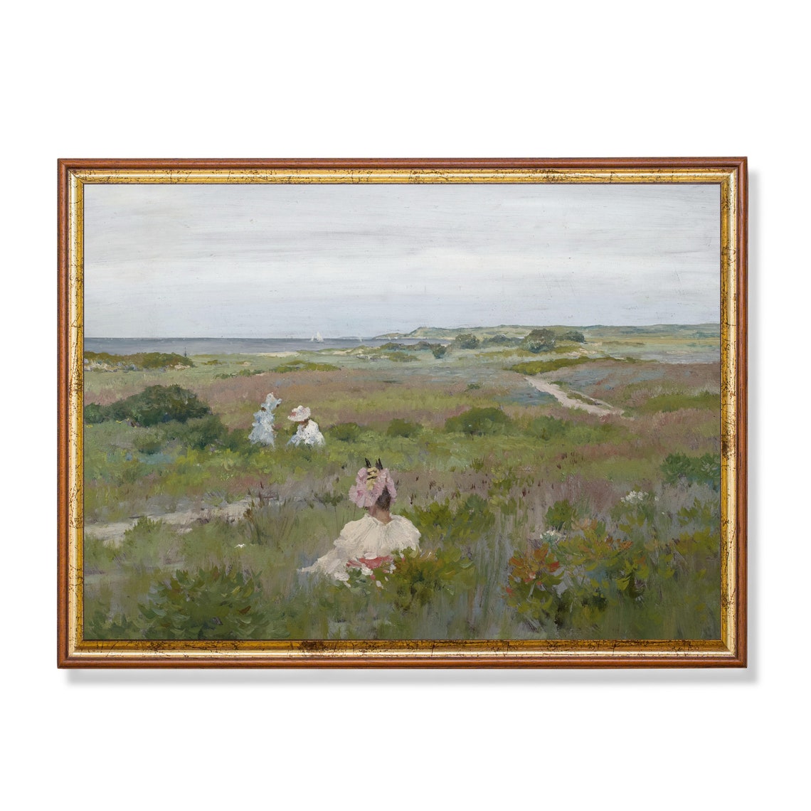 Women in White Dresses on a Coastal Meadow Vintage Seaside Poster