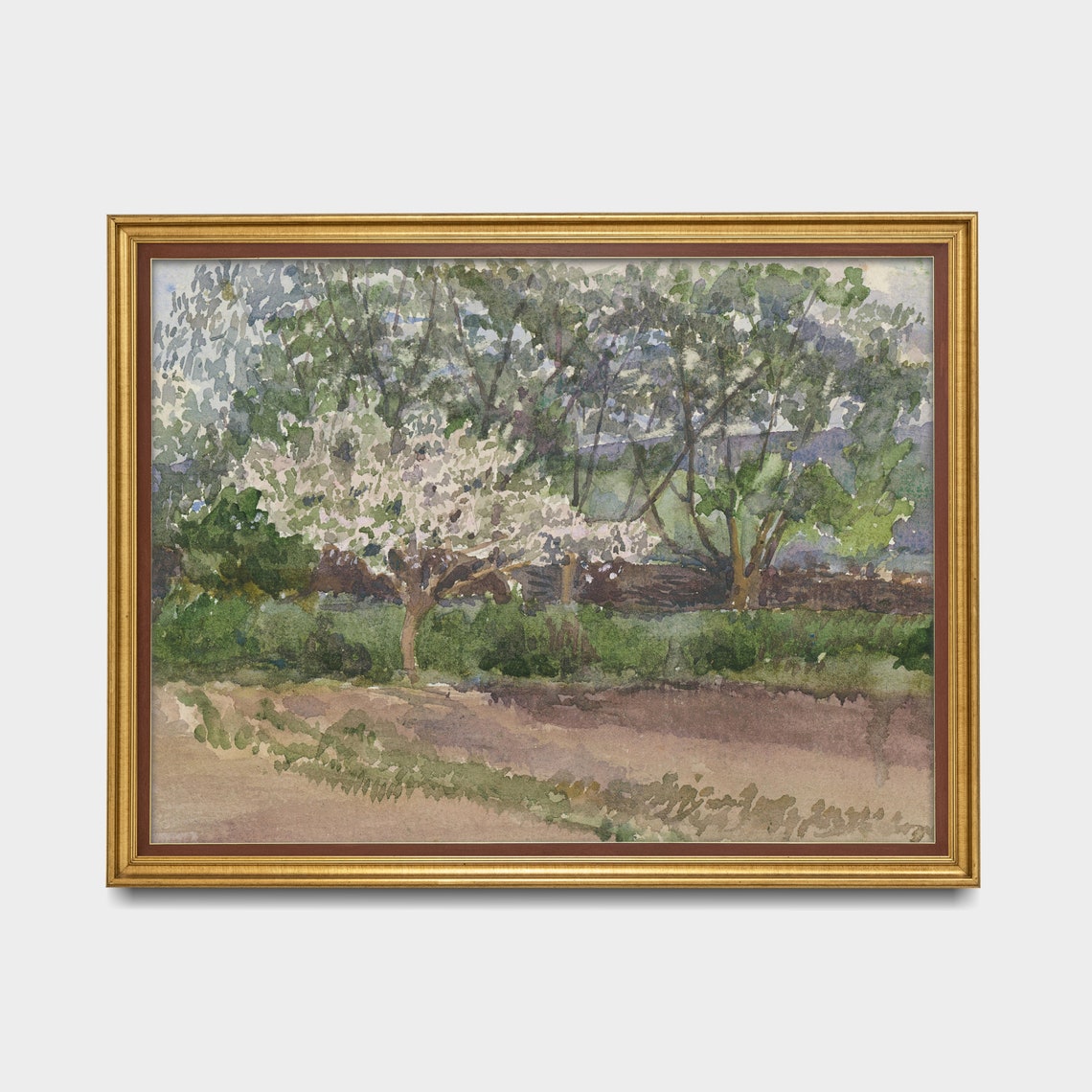 Spring Orchard with Blossoming Trees Watercolor Landscape Poster - Image 5