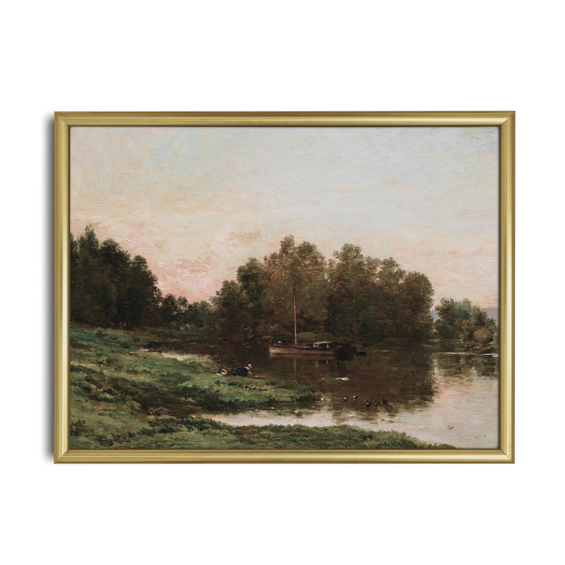 River Boats at Dusk Among Trees Moody Evening Landscape Art Poster - Image 3