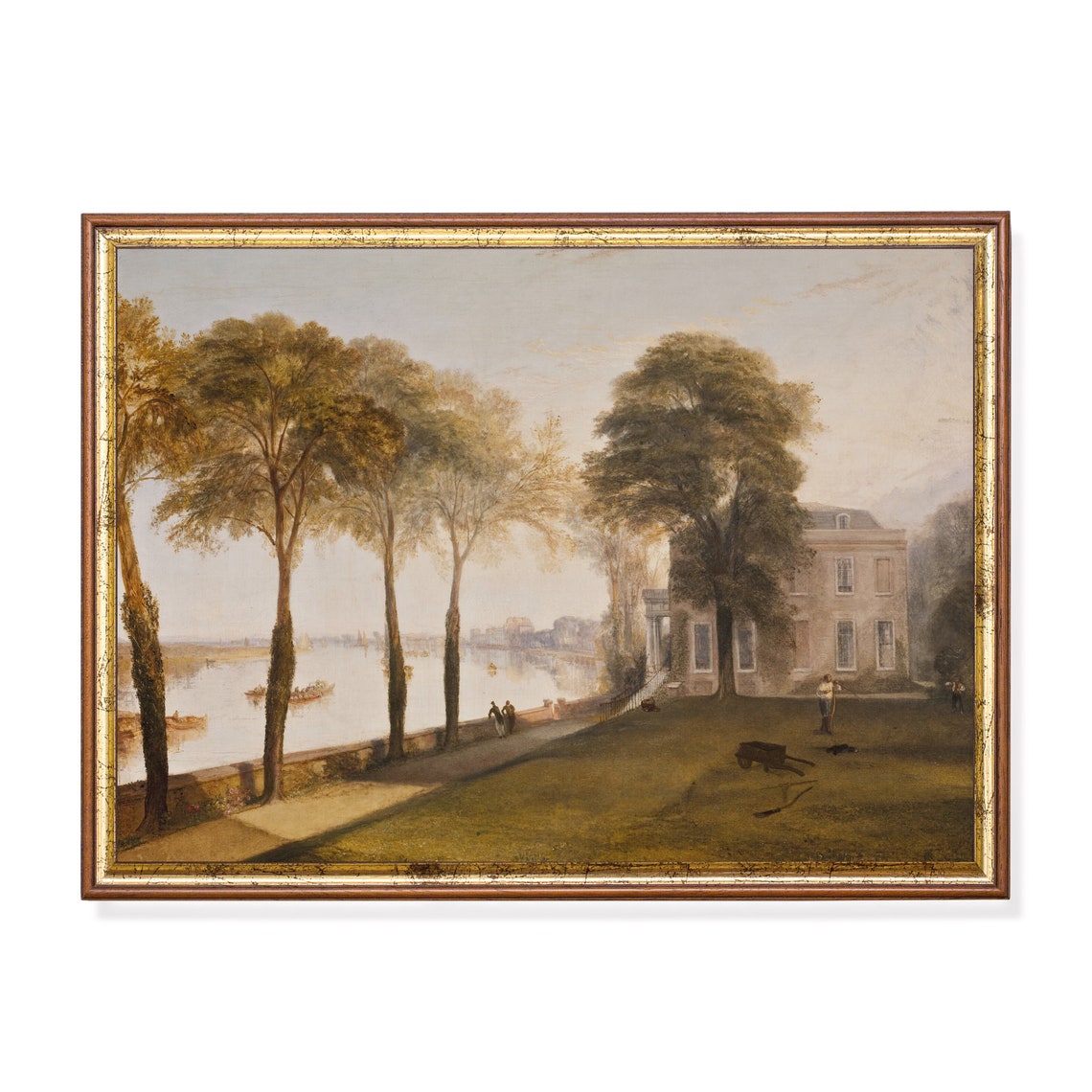 Grand Riverside Manor Framed by Tall Trees Antique Estate Poster