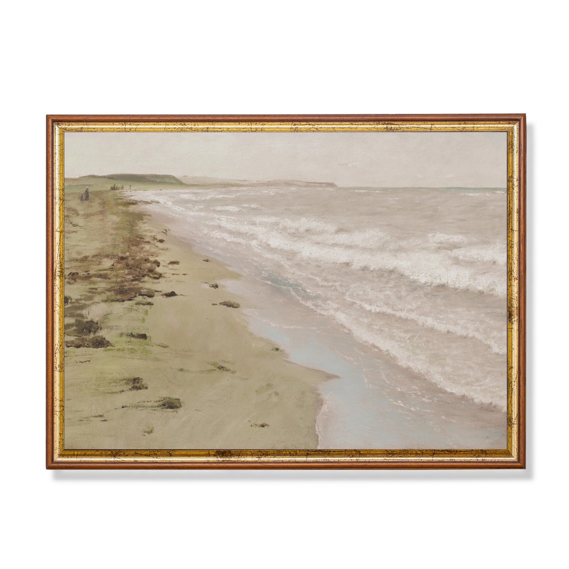Muted Seascape with Breaking Waves on a Quiet Pale Shoreline Poster