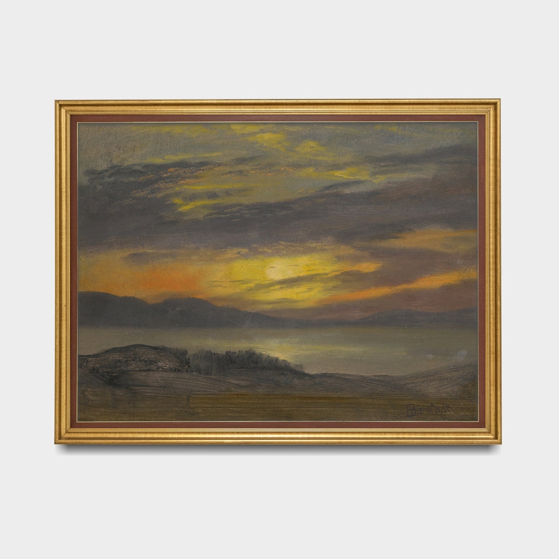 Golden Sunset Clouds over Dark Hills Reflected in a Still Lake Poster - Image 3