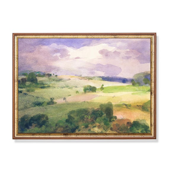 Serene Countryside Watercolor Landscape Print Vintage Scenic Wall Art Rolling Hills Pastoral Fields Soft Clouds Nature Home Decor