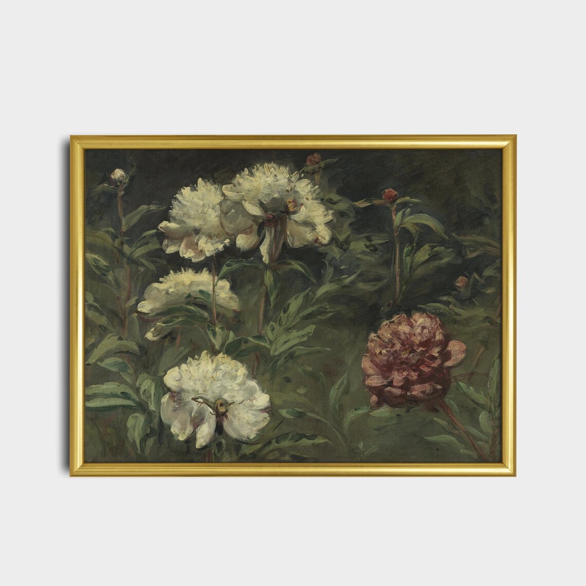 White and Red Peonies Garden Moody Vintage Floral Art Poster - Image 2