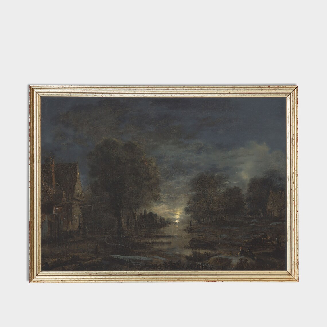 Moonlit Village by a Still River at Night Dark Romantic Painting Poster - Image 3
