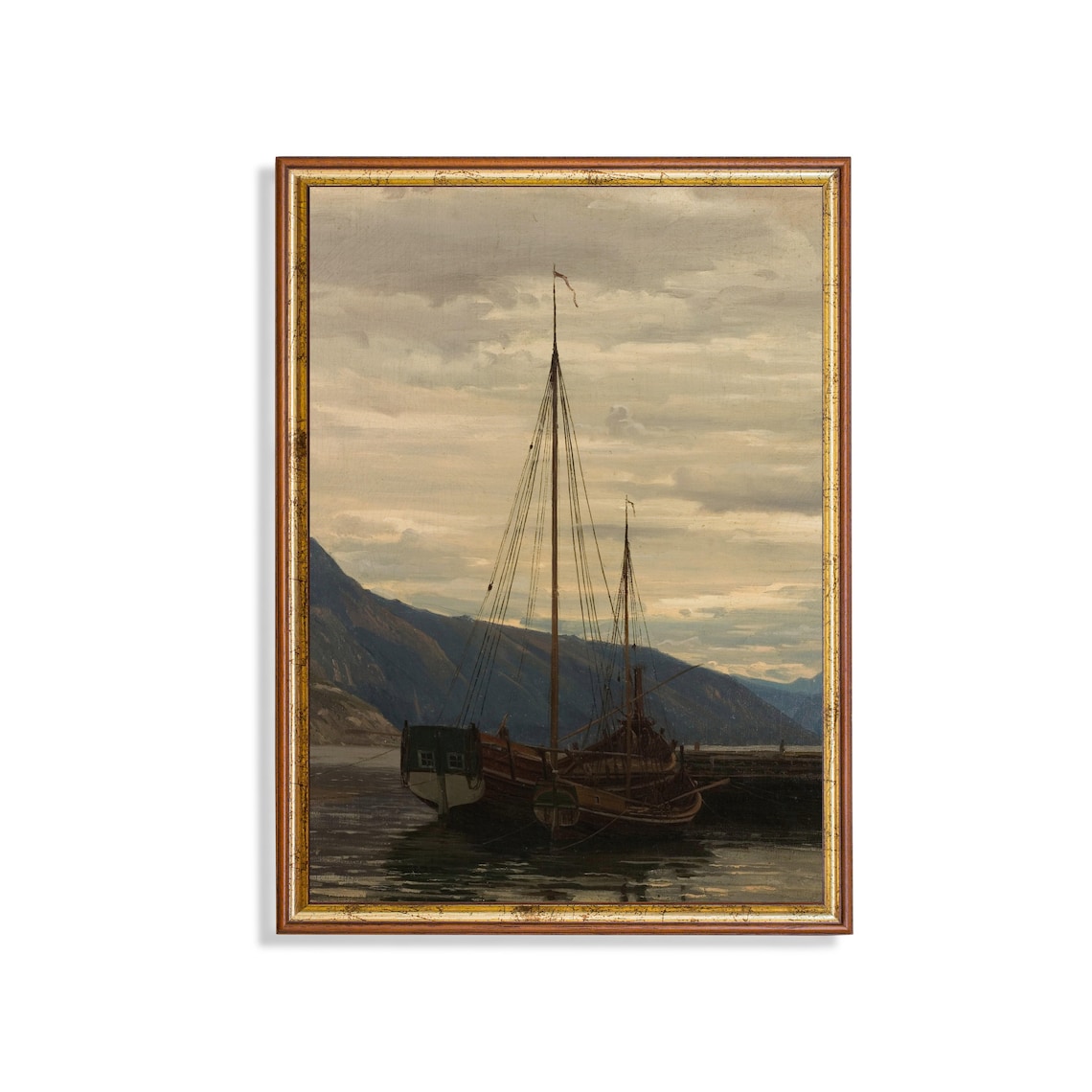 Vintage Sailboat at Dusk in Mountain Harbor Painting Art Poster