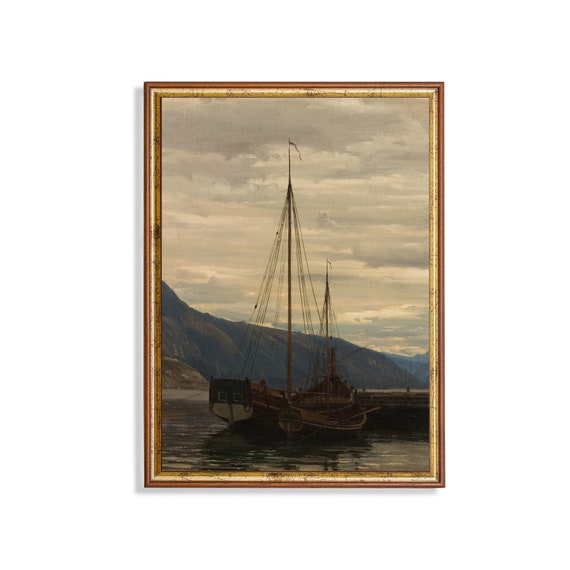 Vintage Sailing Boat Painting Antique Coastal Decor Moody Rustic Print Seascape Fine Print Instant Wall Art