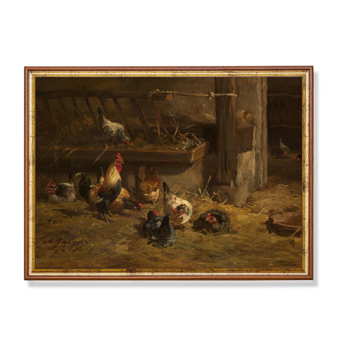 Rooster and Hens in Barnyard Vintage Farm Animal Painting Poster