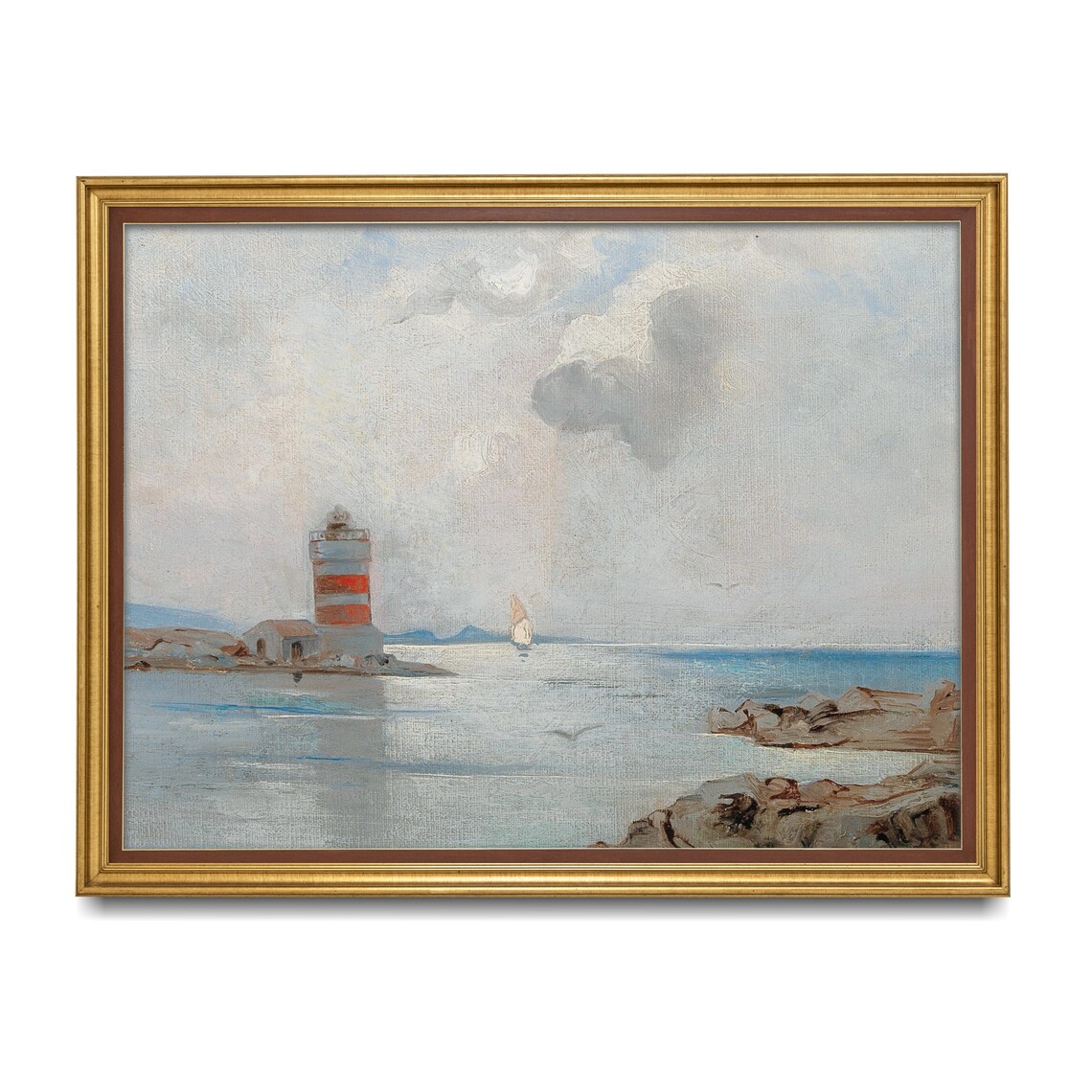 Red Striped Lighthouse on Rocky Shore Calm Sea Vintage Seascape Poster - Image 4