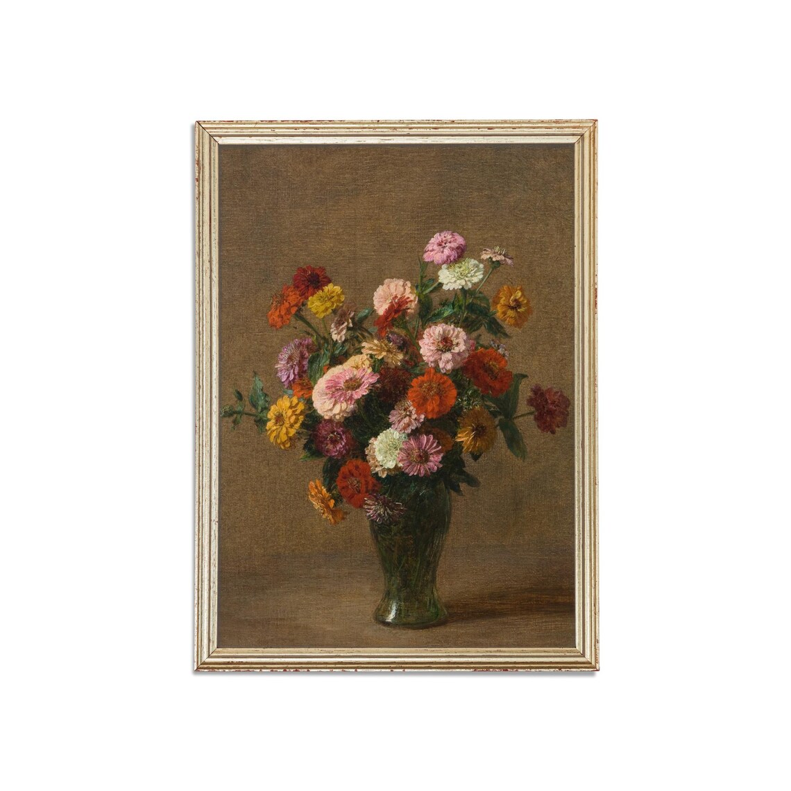 Colorful Zinnias Bouquet Green Vase Realistic Floral Art Poster - Image 3