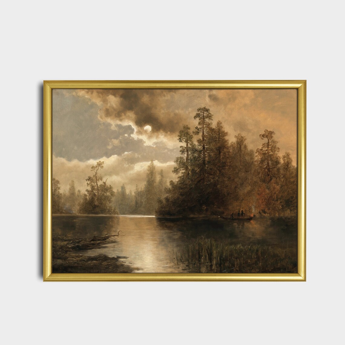 Moonlit Lake with Tall Pines and a Small Canoe Vintage Poster - Image 2