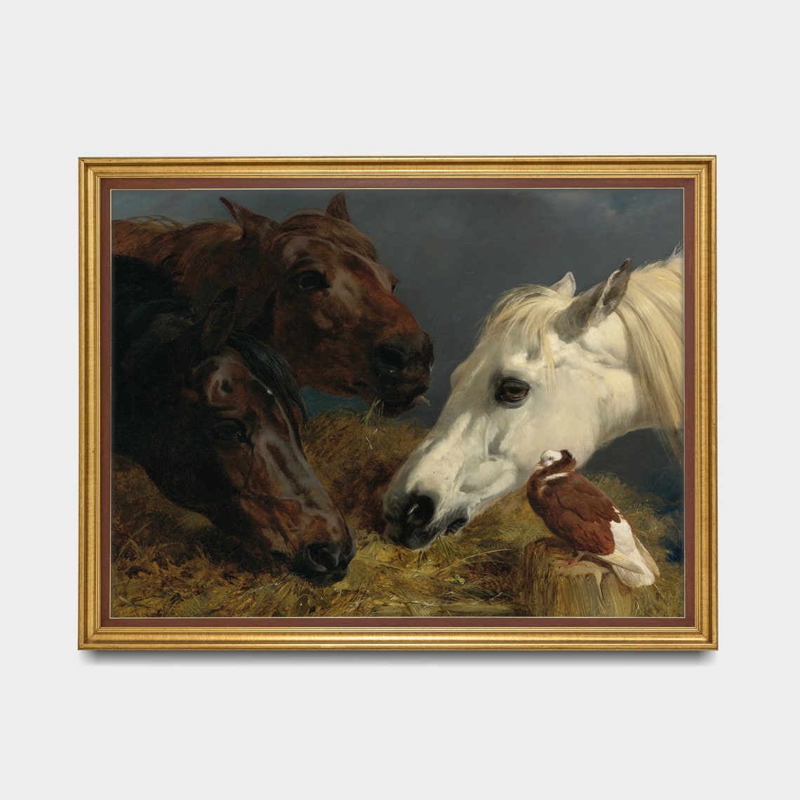 Three Horses and a Small Dove Sharing Hay Vintage Farmyard Poster - Image 3