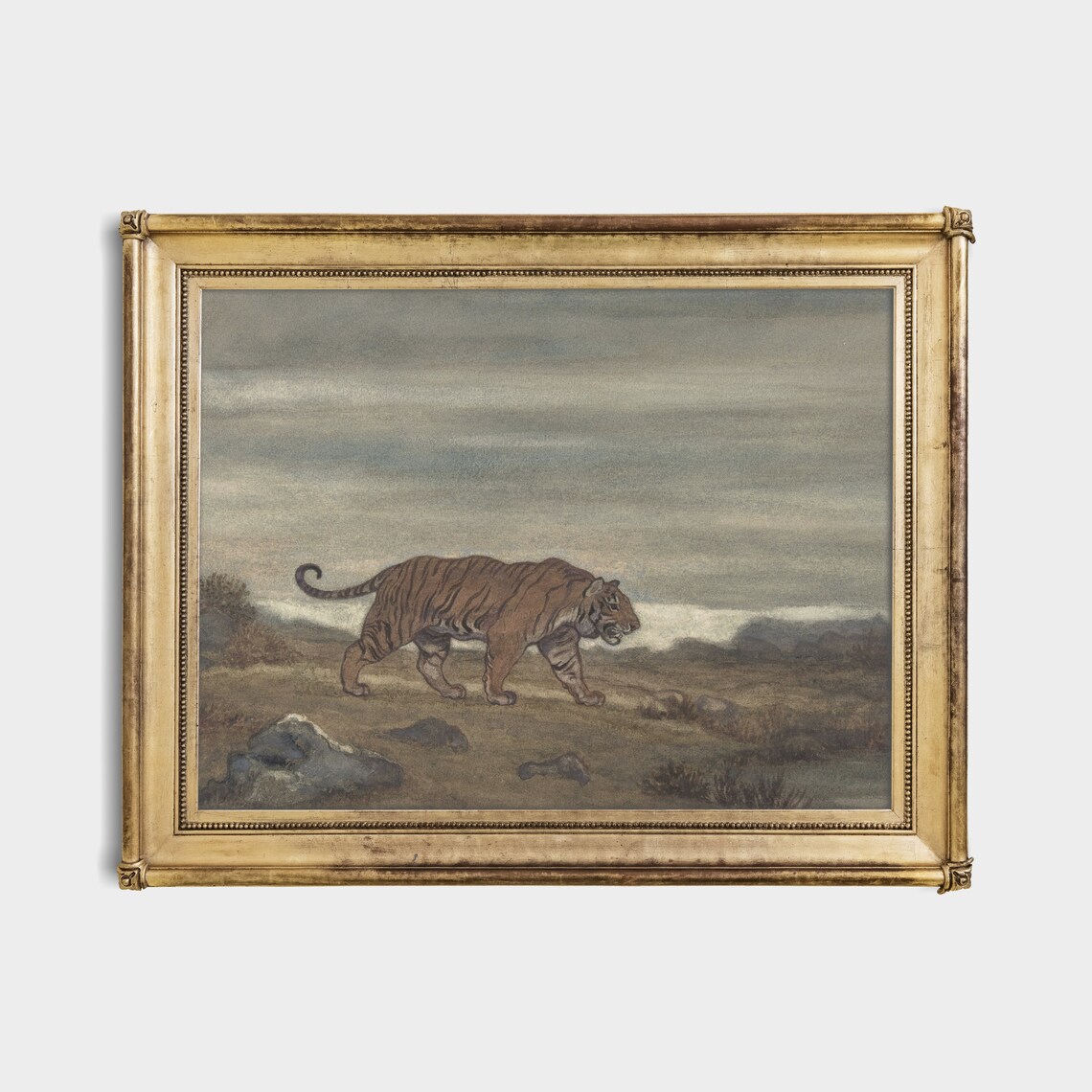 Tiger Walking Rocky Grassland Plain Vintage Wildlife Painting Poster - Image 2