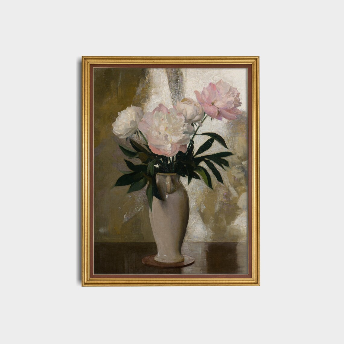 Pink and White Peonies in White Vase Vintage Floral Painting Poster - Image 2