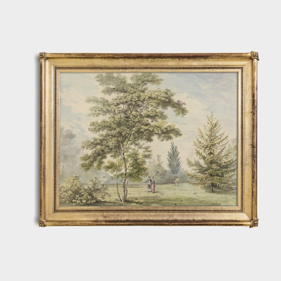 18th Century Park Strolling Couple Among Trees Watercolor Poster - Image 4