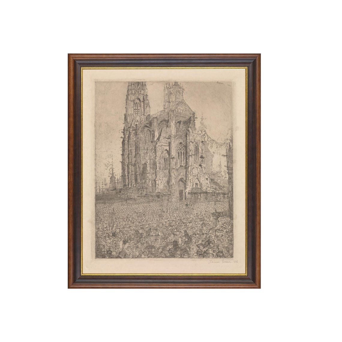 Antique Etching of a Gothic Cathedral with a Crowd Below Poster