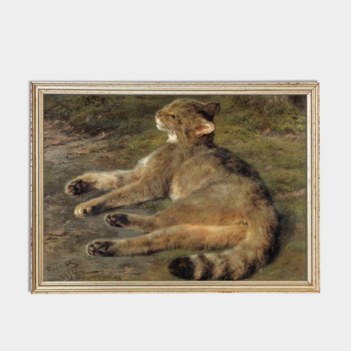 Vintage Reclining Cat Painting Signed 1870 Antique Animal Wall Art - Image 2