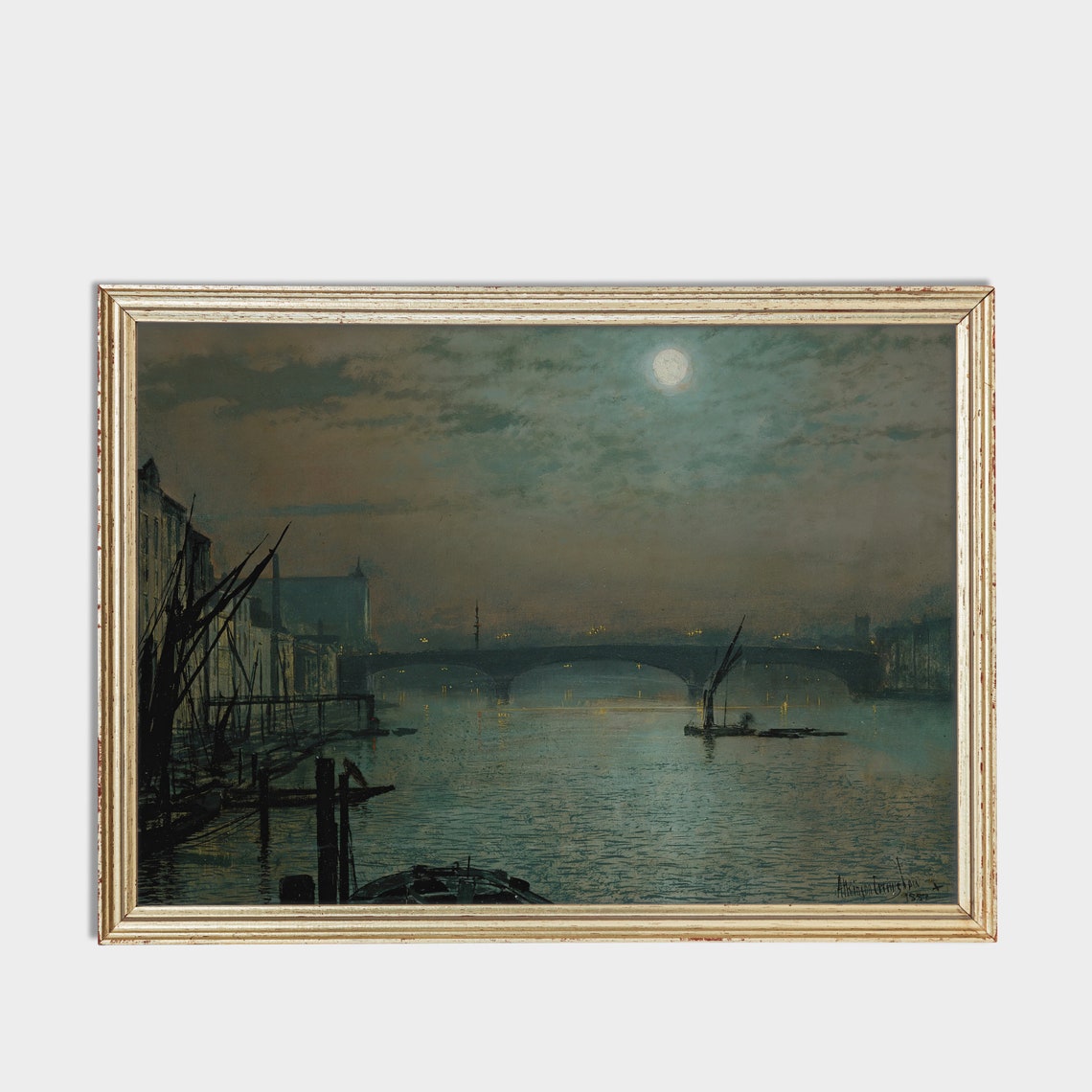 Moonlit River Bridge with Barges Night Cityscape Painting Poster - Image 3