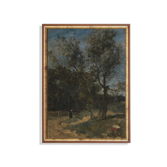 Print And Ship Rustic Landscape Vintage Painting Moody Forest Fine Art Print Cabin Decor Vertical Nature Antique Print Mailed Art