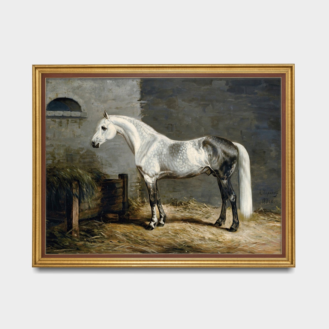 Dapple Grey Horse in a Stable Yard 1871 Antique Equestrian Poster - Image 3