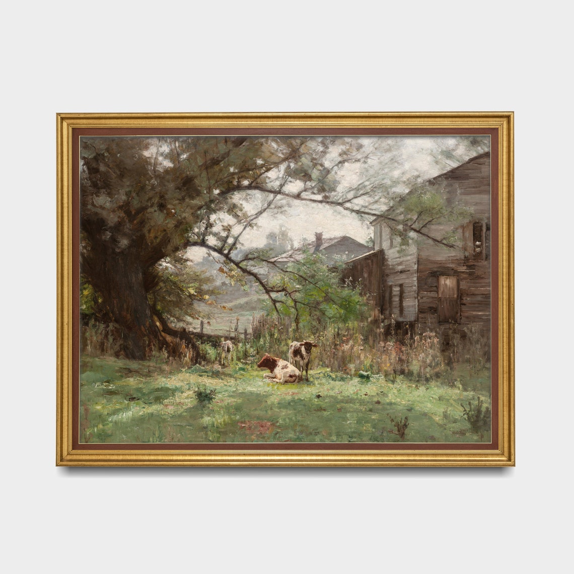 Cows Resting in a Farmyard by a Barn Beneath a Great Tree Poster - Image 5