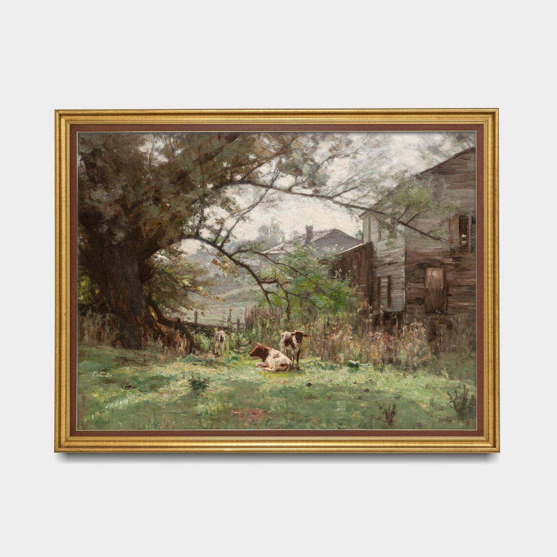 Cows Resting in a Meadow by an Old Wooden Barn Vintage Painting Poster - Image 3