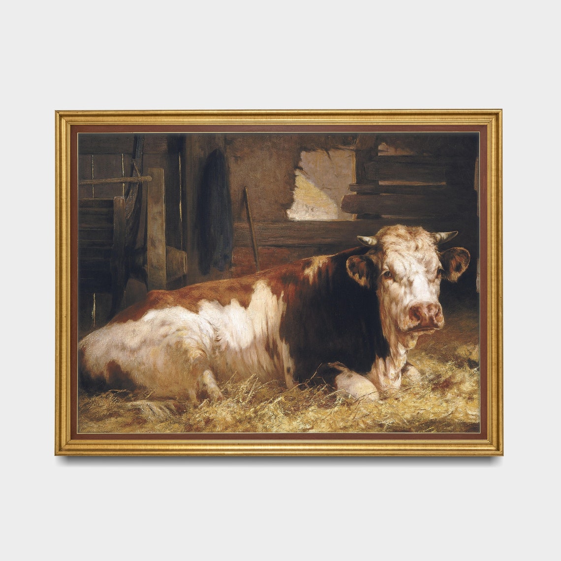 Vintage Cow Resting in Straw Barn Farm Animal Painting Poster - Image 4